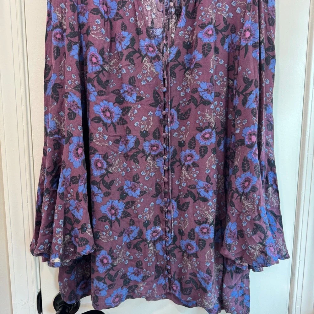Free People Floral Tunic Top Bell Sleeve Button‎ Up Blouse Bohemian S